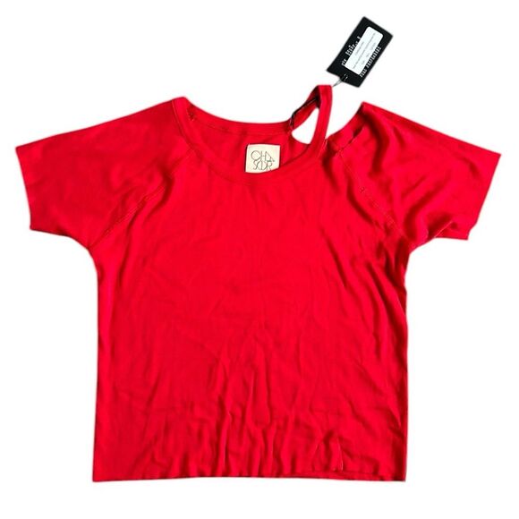 NWT Chaser Boxy Short Sleeve Raw Hem Raglan Cold Shoulder Tee Shirt in Red Small - Picture 12 of 12